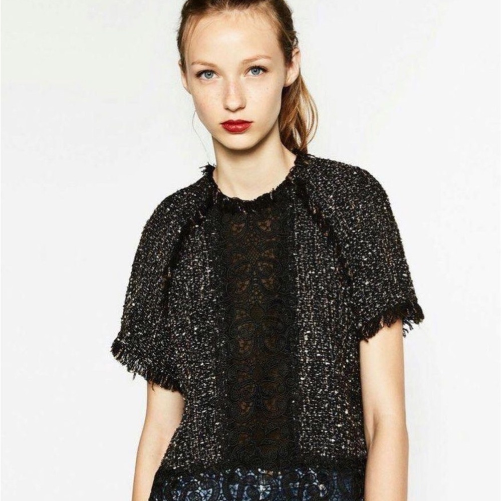 Zara Black Flutter Sleeve Tweed Top large
